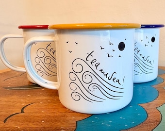 Engraved Enamel Mug: ‘Tea and Sea’ design; Made in Cornwall