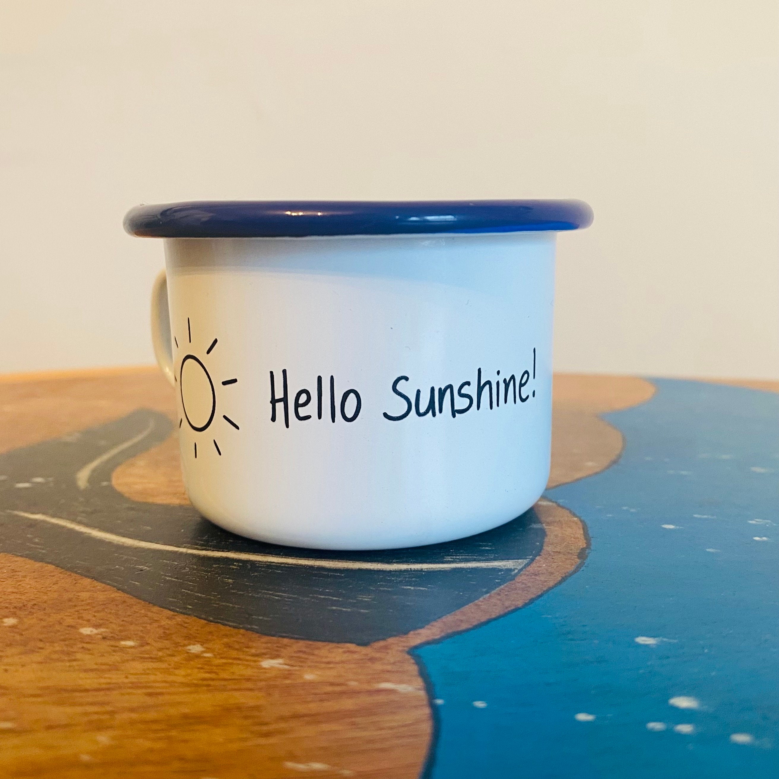 Sunshine mug, mini mug, enamel mug, babycino, espresso, hot chocolate, engraved, personalised, stocking filler, kids camping