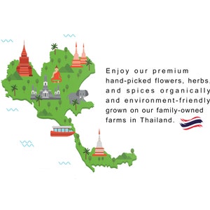 Puede incluir: Un mapa verde de Tailandia con ilustraciones de templos, un elefante y un barco. El texto dice: "Disfrute de nuestras flores, hierbas y especias de primera calidad, recolectadas a mano, cultivadas de forma ecol&oacute;gica y respetuosa con el medio ambiente en nuestras granjas familiares en Tailandia."