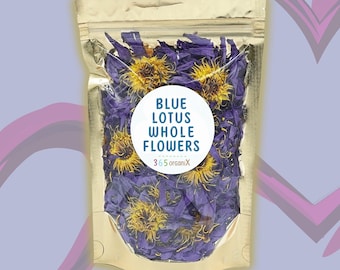Organic Egyptian Blue Lotus Flowers Tea · Whole Dried Nymphaea caerulea · Sacred · Free of Pesticides, Fertilizers & Additives • Vegan