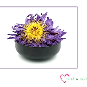 Puede incluir: Un cuenco negro lleno de flores de loto moradas secas con un centro amarillo. Las flores est&aacute;n dispuestas en un patr&oacute;n circular. La imagen est&aacute; sobre un fondo blanco.