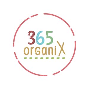 Puede incluir: Un logotipo con el texto "365 organiX" dentro de un c&iacute;rculo. Los n&uacute;meros "365" son marrones, azules y verdes. La palabra "organiX" es de color beige. Un c&iacute;rculo rojo punteado rodea el texto.