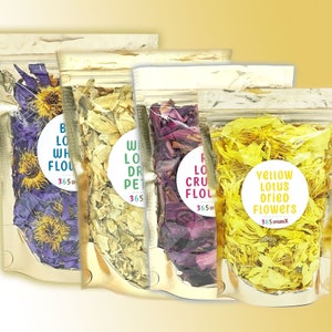 4 x 1 oz (28 g) de flores enteras de loto azul, loto amarillo triturado, loto rojo triturado y loto blanco triturado · Conjunto de paquete orgánico "Sutra" X12