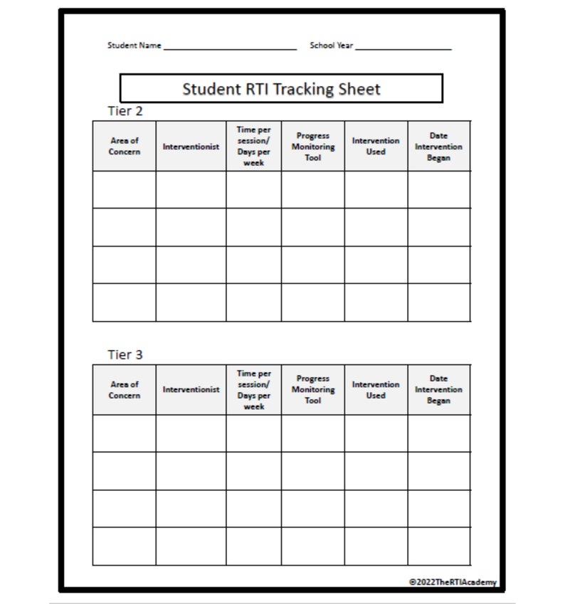 Intervention Tracking Sheet for RTI Process Response to Intervention