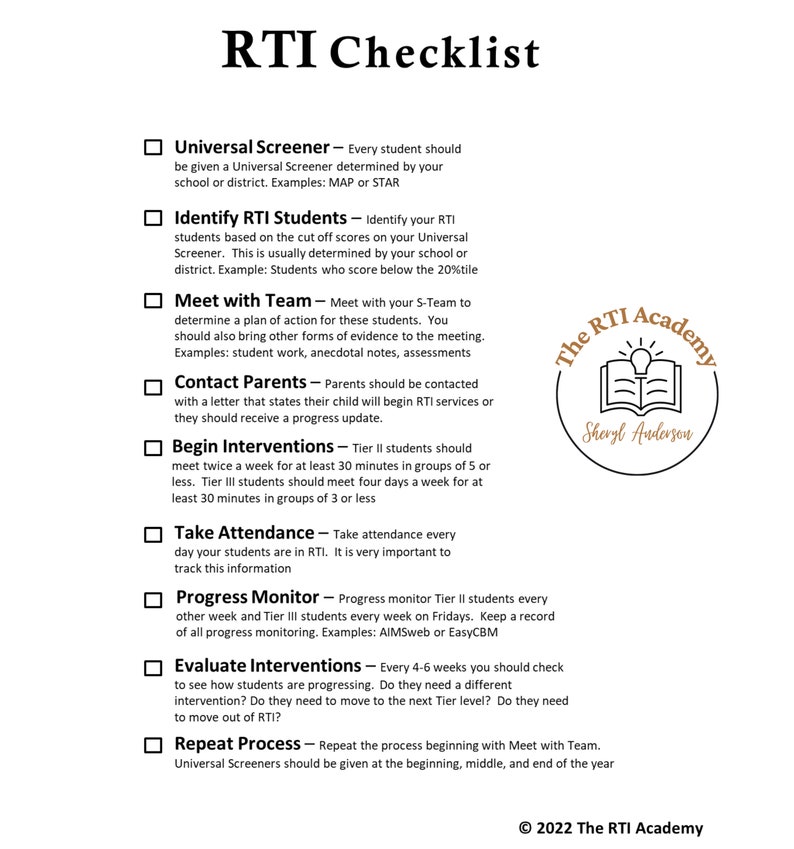 RTI Checklist Response to Intervention RTI Interventionist Reading Math