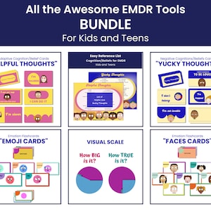 May include: A set of EMDR therapy tools for kids and teens. The set includes cards with helpful and yucky thoughts, emoji cards, faces cards, and a visual scale. The cards are colorful and feature cartoon illustrations.
