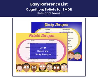 子供とティーン向けの認知/信念のビジュアルリスト PDF --- EMDR 療法 | プレイセラピー | 肯定的な信念 | 否定的および適応的な信念