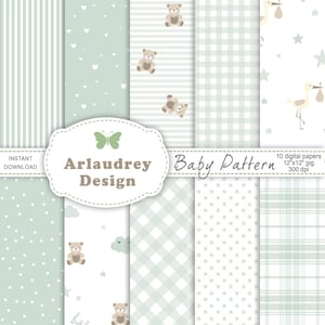 Green baby digital paper, cute baby seamless pattern set, green baby papers, new baby,  baby nursery, green digital download, commercial use