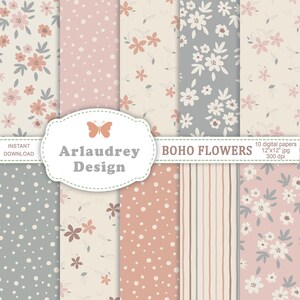 Boho flower digital paper, flower patterns, spring digital paper, seamless patterns, flower background, flower paper, flower scrapbook paper