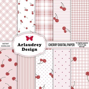 Cherry digital paper, cherry seamless patterns, cherry scrapbook paper, cherry digital backgrounds, cherry printable paper, commercial use