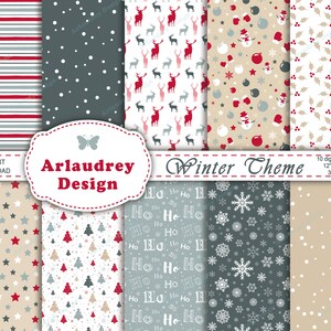 Op de afbeelding: Set van 10 digitale papierpatronen in een winterthema. De patronen omvatten rode en witte strepen, grijs met witte stippen, wit met rode rendieren, beige met rode en witte ornamenten, wit met rode hulst, beige met rode sterren, wit met rode en grijze kerstboompjes, grijs met witte sneeuwvlokken, grijs met witte "Ho Ho Ho" tekst, en beige met rode stippen.