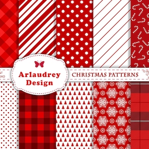 Op de afbeelding: Set van 10 digitale kerstpatronen in rood en wit. De patronen omvatten ruitjes, strepen, stippen, snoepstokken, sneeuwvlokken en kerstboommotieven. De patronen zijn 30,5 cm bij 30,5 cm en 300 dpi.