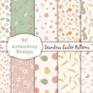 Op de afbeelding: Tien digitale naadloze paaspatronen in pastelkleuren. De patronen bevatten konijnen, wortels, eieren en bloemen. De patronen zijn 30,48 cm bij 30,48 cm en 300 dpi.