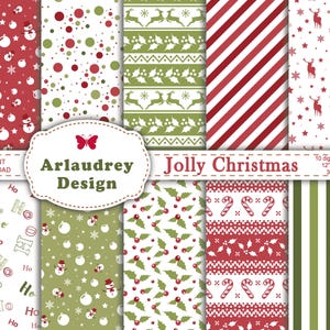 Op de afbeelding: Een set van 10 digitale kerstpapierontwerpen in verschillende patronen, waaronder rood-witte strepen, groen-witte stippen en een groen-witte hulstpatroon. De papieren zijn 30,5 cm bij 30,5 cm en 300 dpi.