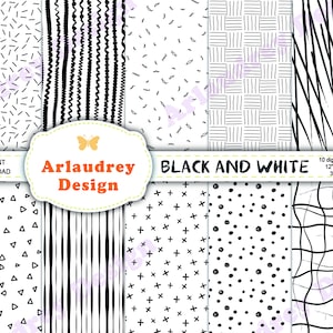 Op de afbeelding: Tien zwart-witte digitale papierpatronen met verschillende geometrische ontwerpen. De patronen omvatten stippen, lijnen, driehoeken en kruisen. De tekst "BLACK AND WHITE" staat bovenaan de afbeelding.