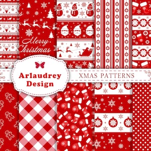 Op de afbeelding: Tien digitale kerstpatronen in rood en wit. De patronen omvatten sneeuwvlokken, ornamenten, wanten, peperkoekmannetjes, ruitjes en een gestreept patroon. De patronen zijn 12 inch bij 12 inch en 300 dpi.