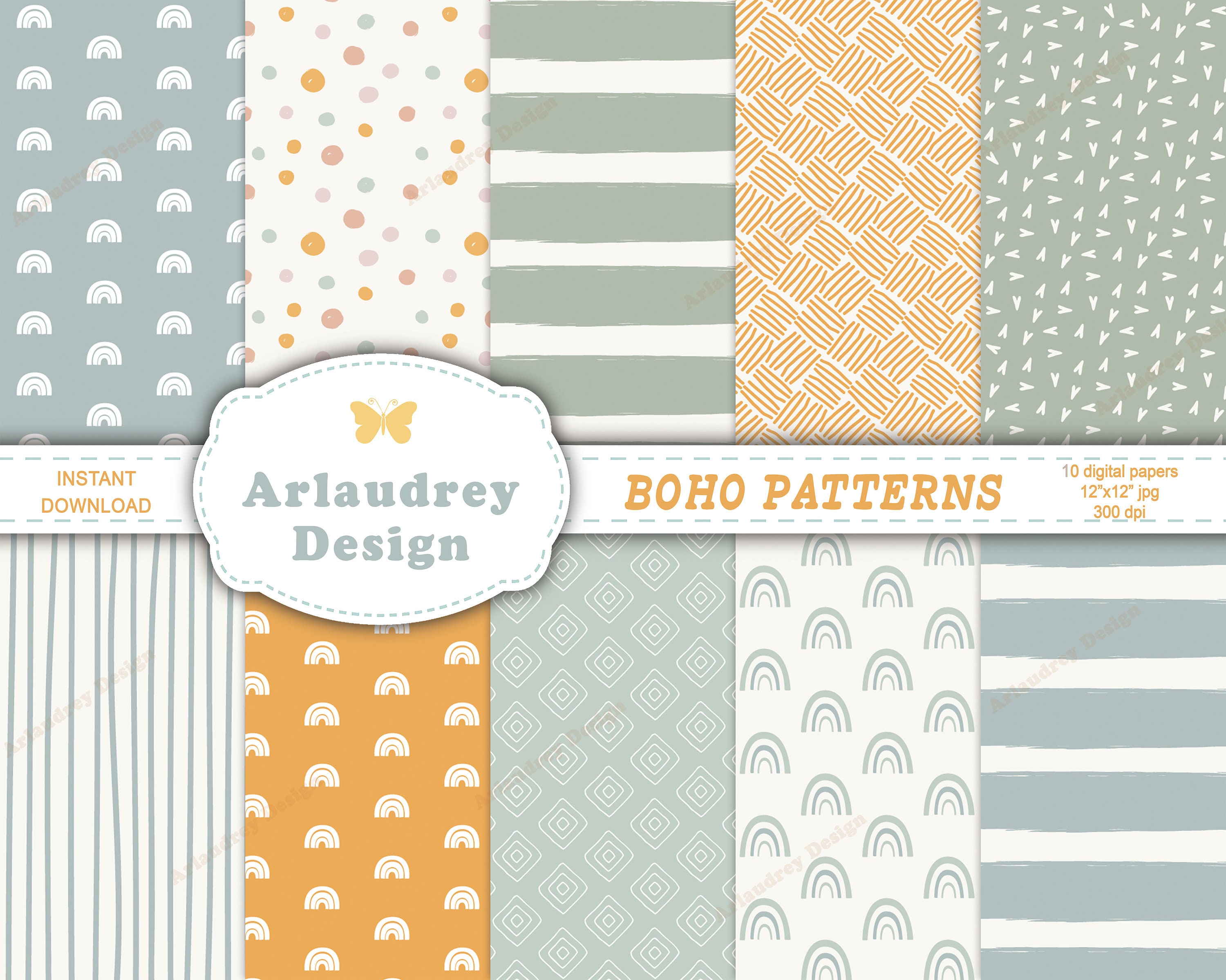 Boho Digital Paper, Boho Design Printable Papers, Boho Rainbow Digital ...