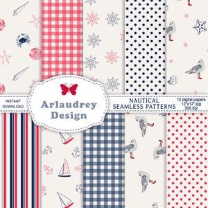 Ocean digital paper, coastal background, beach digital paper, seamless pattern,  nautical, printable paper, scrapbooking, seashell, sailboat