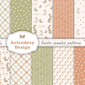 Op de afbeelding: Set van 10 digitale papierpatronen met Pasen-thema's. De patronen omvatten konijnen, eieren, bloemen en geometrische vormen in een pastelkleurenpalet van groen, roze en bruin.