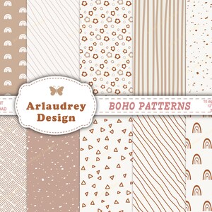 Op de afbeelding: Set van 10 digitale papierpatronen in boho-stijl met verschillende ontwerpen, waaronder regenbogen, strepen, driehoeken en bloemen. De patronen zijn in tinten bruin, beige en wit.