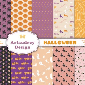 Op de afbeelding: Een set van 10 digitale Halloween-themapapieren met verschillende patronen, waaronder zwarte katten, pompoenen, schedels, geesten, heksen, oogballen en spinnenwebben. De papieren zijn 30,5 cm bij 30,5 cm en 300 dpi.
