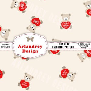 Teddy bear Valentine seamless digital paper, teddy bear pattern, transparent background, scrapbook paper, commercial use, instant download