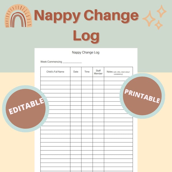 Nappy Change Log, Printable, Form, Daycare, Editable, Childcare Providers, Childminder, Nursery, Nanny, Instant Download, Resource