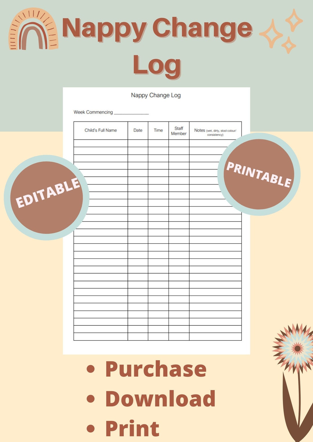 Nappy Change Log, Printable, Form, Daycare, Editable, Childcare