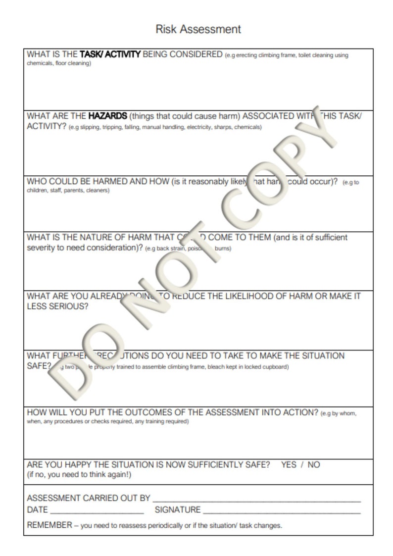 Risk Assessment, Printable, Form, Daycare, Editable, Childcare