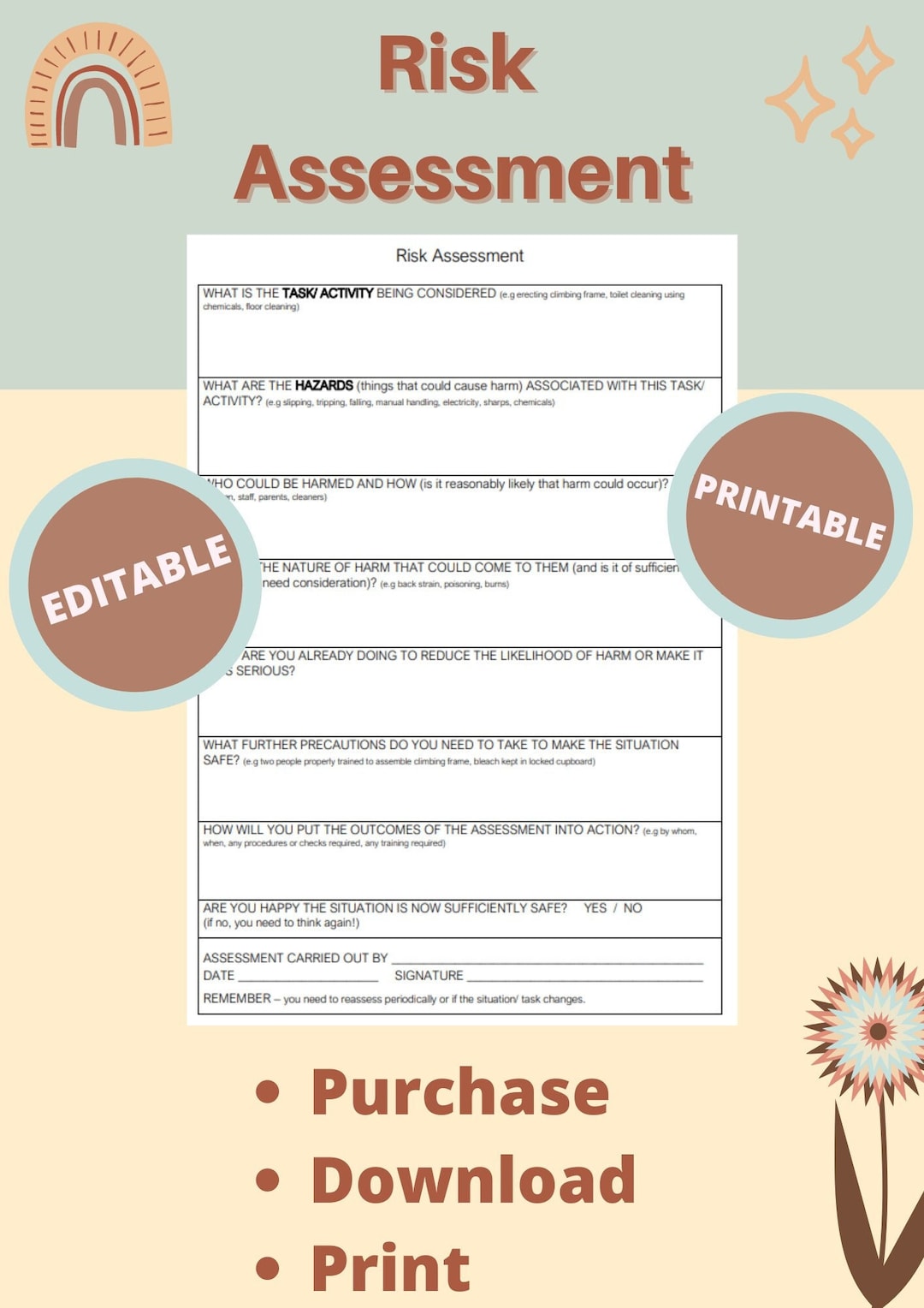 Risk Assessment, Printable, Form, Daycare, Editable, Childcare