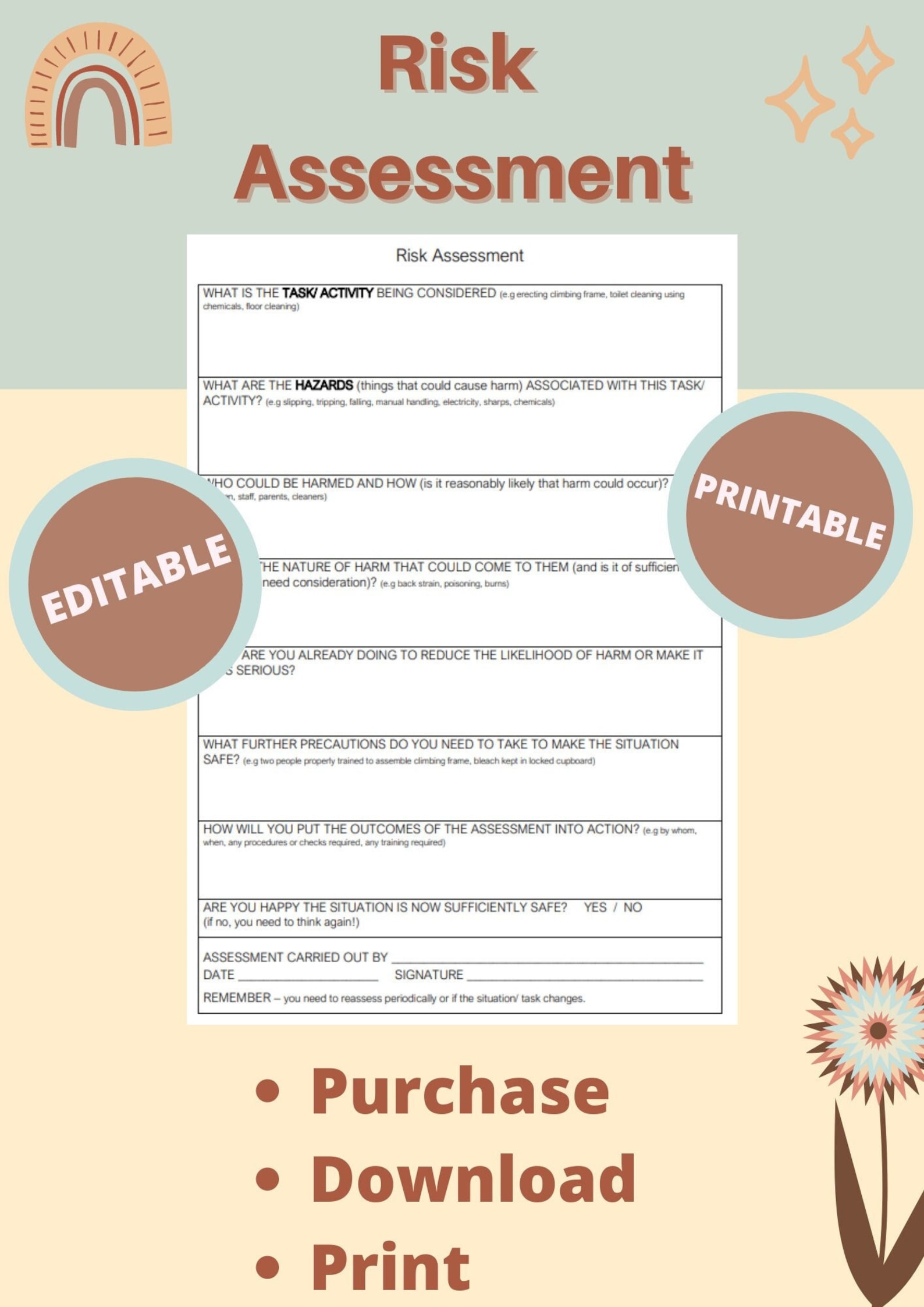 Risk Assessment, Printable, Form, Daycare, Editable, Childcare ...