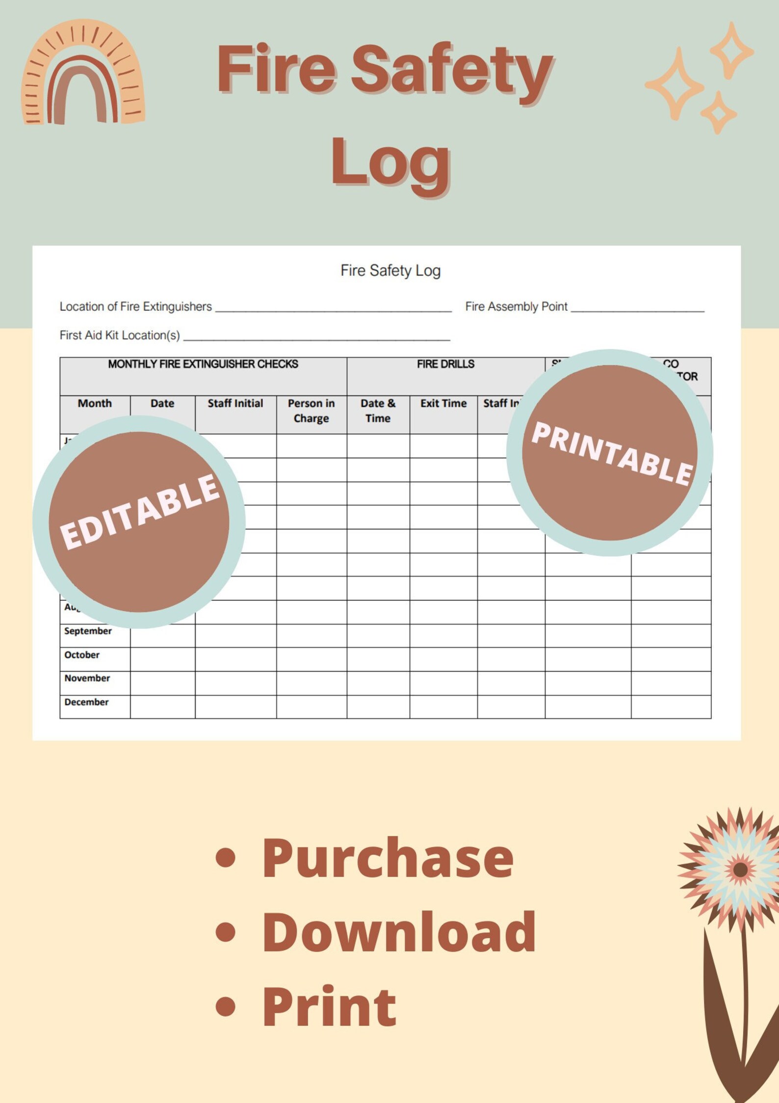 Fire Safety Log, Printable, Form, Daycare, Editable, Childcare