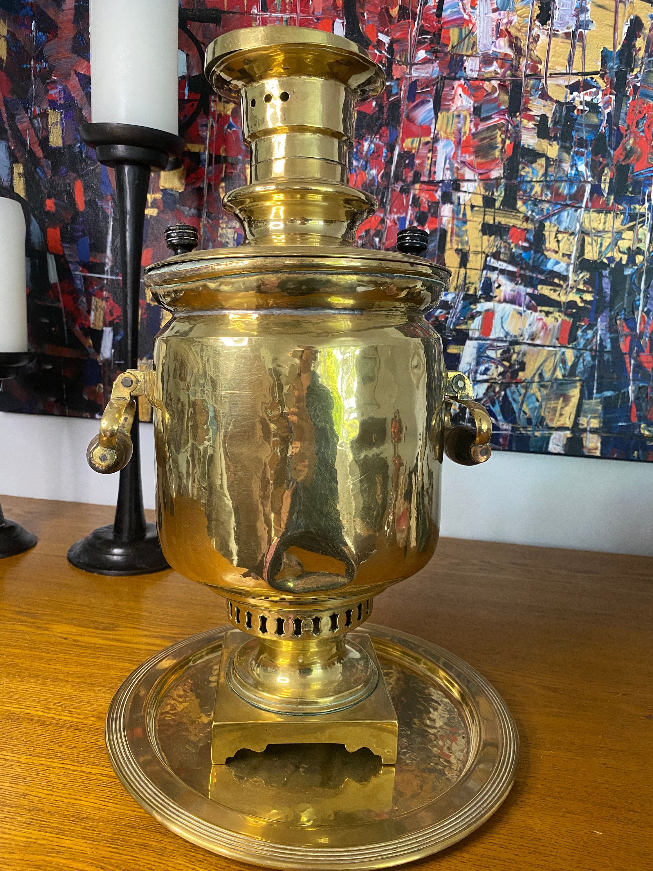 Large Antique Russian Brass Samovar Stamped Antique Russian Brass Samovar  Teapot With Matching Tray 