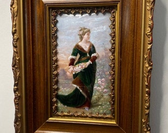 Peinture d’art antique Français émail | Portrait miniature original en émail d’une jeune femme encadré