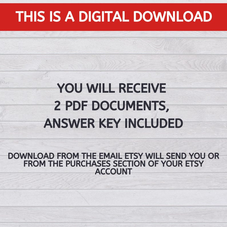 K&ouml;nnte beinhalten: Text auf einem Holzmaserungshintergrund, der lautet: "Dies ist ein digitaler Download. Sie erhalten 2 PDF-Dokumente, inklusive L&ouml;sungsblatt. Laden Sie die Dateien von der E-Mail herunter, die Etsy Ihnen sendet, oder aus dem Kaufbereich Ihres Etsy-Kontos."