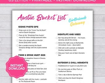 Austin Travel Bucket List, Girlfriends Getaway Bucket List, Texas Travel Bucket List, Austin Texas To-Do List, Girls Weekend, Printable PDF