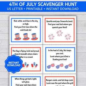 Cartes de chasse au trésor du 4 juillet pour enfants plus âgés et adolescents, indices de chasse au trésor pour le jour de l'indépendance, chasse au trésor en plein air PDF imprimable