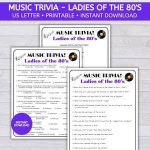 1980&#39;s Music Trivia Game, 80&#39;s Ladies Trivia, Game Night, Music Trivia, 1980&#39;s Birthday Game, Printable PDF