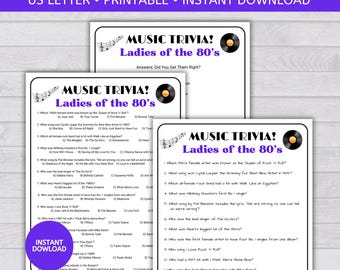 Jeu-questionnaire sur la musique des années 80, anecdotes pour femmes des années 80, soirée jeux, anecdotes musicales, jeu d'anniversaire des années 80, PDF imprimable