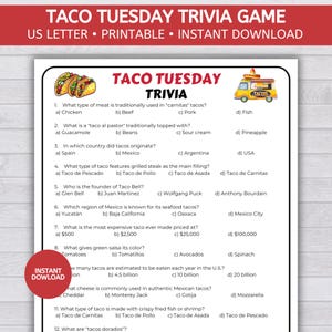 Taco Tuesday Trivia Game, Cinco de Mayo Quiz, Fiesta Party Game for Adults and Kids, Mexican Themed Party, Taco Birthday Party Printable PDF