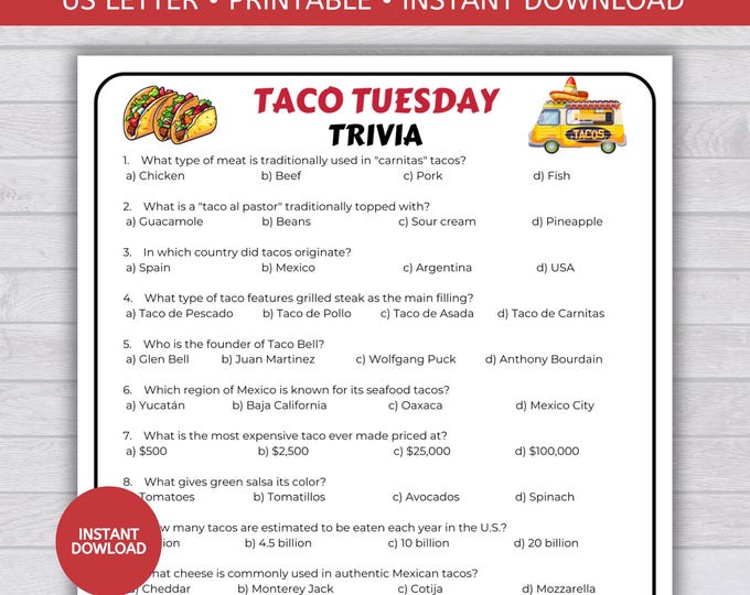 Fiesta Taco Trivia Game, Printable Trivia Game for a Taco Party, Final ...