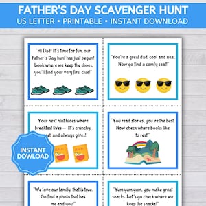 Tarjetas de búsqueda del tesoro para el Día del Padre, pistas para la búsqueda del tesoro, regalos para el Día del Padre de niños a papá, búsqueda del tesoro en interiores (PDF imprimible)