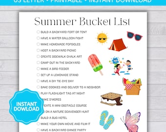 Summer Bucket List for Kids, Summertime Bucket List, Bucket List for Kids, Kids Summer Activities, Summer Activities Checklist Printable PDF