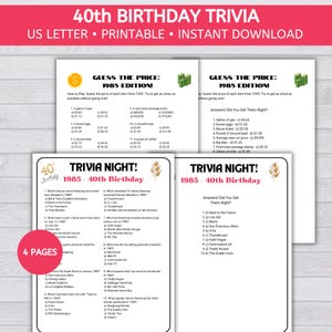 40th Birthday Trivia Games - Pop Culture, Guess the Price: 1985 Edition, Printable PDF