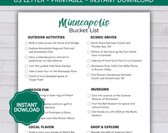 Minneapolis Travel Bucket List, Minneapolis Travel Checklist, Family Friendly Minneapolis Travel List, Minneapolis To-Do List, Printable PDF