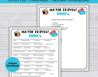 1990's Movie Trivia Game, 90s Trivia, Game Night, Born in the 90's, 1990s Birthday Trivia Quiz, Printable PDF