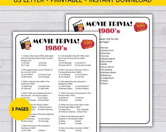 1980&#39;s Movie Trivia Game, 80s Trivia, Game Night, 1980&#39;s Birthday Game, Printable PDF