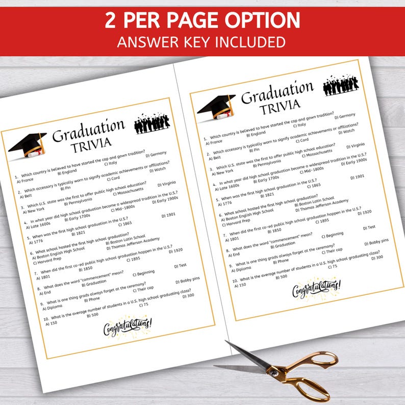 K&ouml;nnte beinhalten: Ein druckbares Graduation-Quizspiel mit goldenen und schwarzen Akzenten. Das Spiel enth&auml;lt Fragen zu Graduationstraditionen, Geschichte und Fakten. Der Text auf der Seite lautet "Graduation Trivia" und "Herzlichen Gl&uuml;ckwunsch!"