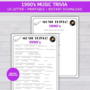 May include: A printable music trivia game with questions about 1990s music. The game is designed for a US letter size paper and includes the text "1990's Music Trivia!" and "Answers: Did You Get Them Right?"