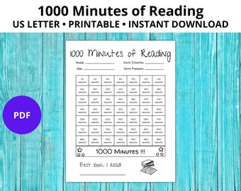 Könnte beinhalten: Ein druckbarer 1000-Minuten-Leselogbuch-Chart. Die Tabelle ist in ein Raster mit Zahlen unterteilt, die Minuten darstellen. Die Tabelle enthält Felder für den Namen des Lesers, das Alter, das Startdatum und das Enddatum. Sie enthält auch ein Feld, in dem der Leser das beste Buch eintragen kann, das er gelesen hat.